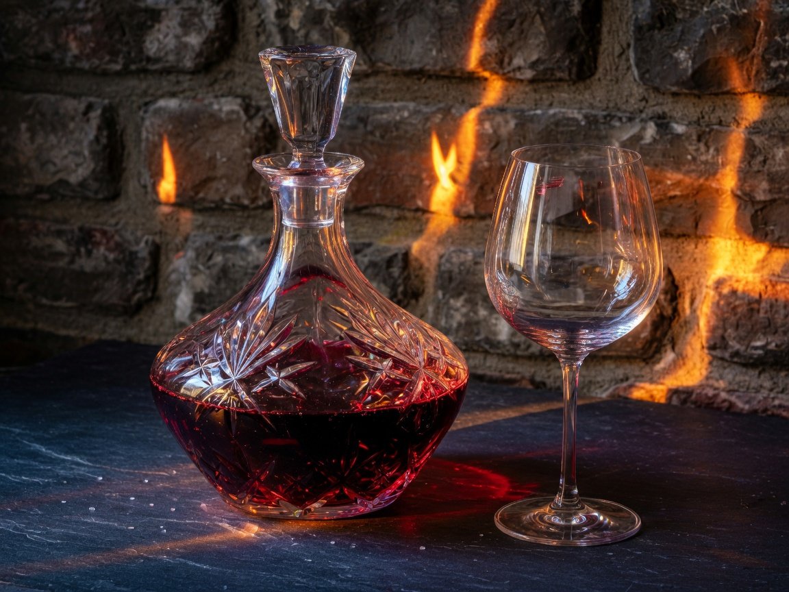 Bold Tempranillo red wine decanting in a crystal decanter beside a Game of Thrones-style dark medieval setting