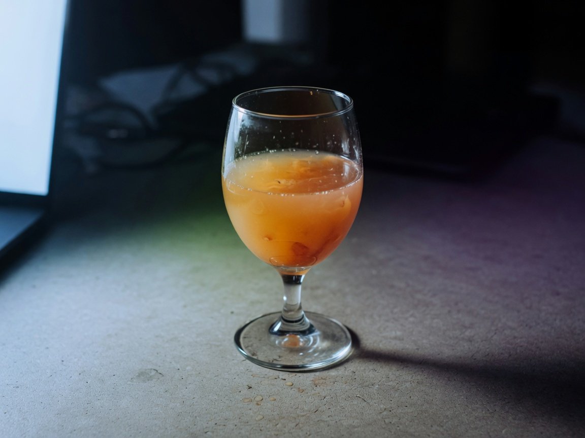Natural orange wine in a textured glass beside a glowing laptop screen showing a dark sci-fi TV series episode